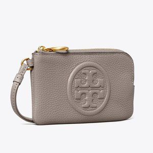 NWT Tory Burch Perry Bombe Card Case Small Leather Wristlet Gray Heron